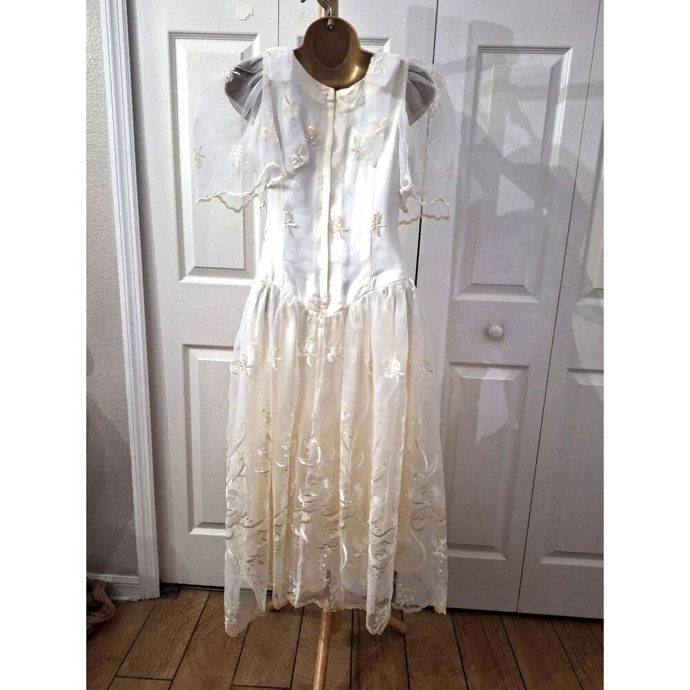 Cream Formal Midi Tea Dress Med Chiffon Bows Sheer Layer Fit Flare Cottage Fairy
